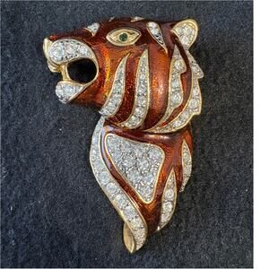 Vintage Roaring Tiger Cat Head Brown Enamel Rhinestone Brooch Pin